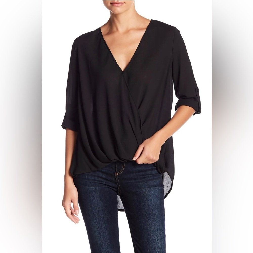 NWT Lush Shirt Top Women XS Black Roll Tab Sleeve V Neck Hi Low New